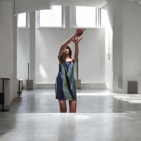 Topshop Hand Beaded Mini Slip Dress US 2 Blue Green Embellished Festival Party - Picture 4 of 6